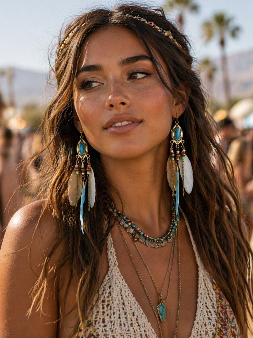 ✨ Boho Feather Statement Earrings – Turquoise Festival Chic ✨ - Picture 3 of 3